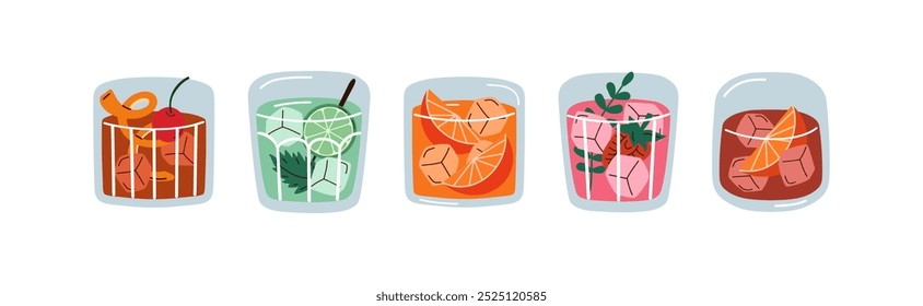 Big set of hand drawn cocktails in old-fashioned glasses. Classical alcohol drinks isolated on white background. Cocktails in short glasses in cartoon style