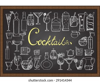 Big set of hand drawn cocktails on chalkboard.