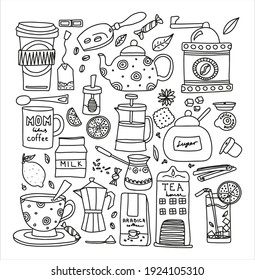 Gran juego de cuentagotas de té y café a mano. Un conjunto de dibujos vectoriales aislados para beber té y hacer todo tipo de café. Un conjunto de dibujos vectoriales aislados para beber té y hacer todo tipo de cosas