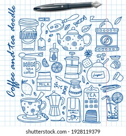 Gran juego de cuentagotas de té y café a mano. Un conjunto de dibujos vectoriales aislados para beber té y hacer todo tipo de café. Un conjunto de dibujos vectoriales aislados para beber té y hacer todo tipo de cosas