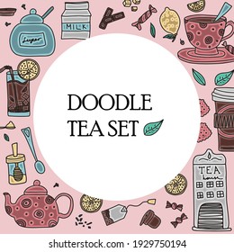 Big set of hand drawn coffee and tea doodles. A set of isolated vector drawings for tea drinking and making all kinds of coffee. A set of isolated vector drawings for tea drinking and making all kinds
