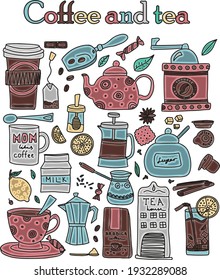 Big set of hand drawn coffee and tea doodles. A set of isolated vector drawings for tea drinking and making all kinds of coffee. A set of isolated vector drawings for tea drinking and making all kinds