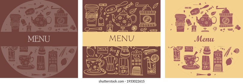 Big set of hand drawn coffee and tea doodles. A set of isolated vector drawings for tea drinking and making all kinds of coffee. A set of isolated vector drawings for tea drinking and making all kinds