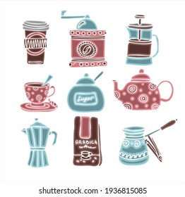 Big set of hand drawn coffee doodles. A set of isolated vector drawings for tea drinking and making all kinds of coffee. A set of isolated vector drawings for tea drinking and making all kinds of