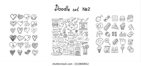 Big set of hand drawn coffee and tea doodles. A set of isolated vector drawings hearts, snacks, fast food products. Hand-drawn sweets, desserts, snacks, drinks, popcorn, American food and English
