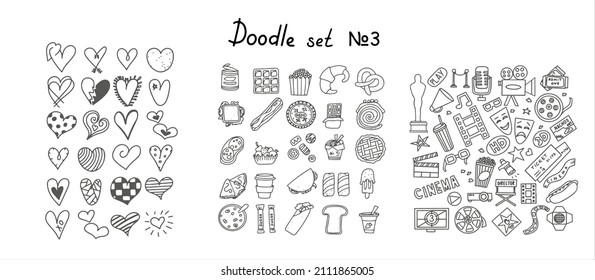 Big set of hand drawn coffee and tea doodles. A set of isolated vector drawings hearts, snacks, fast food products. Hand-drawn sweets, desserts, snacks, drinks, popcorn, American food and English