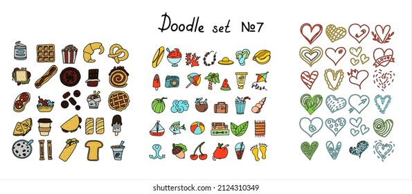 Big set of hand drawn coffee and tea doodles. A set of isolated vector summer accessories for beach, fast food products. Hand-drawn sweets, desserts, snacks, drinks, popcorn, American food and English