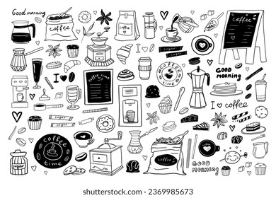 Big set of hand drawn coffee theme elements in doodle style. Vector illustration EPS10. Isolated on white background	