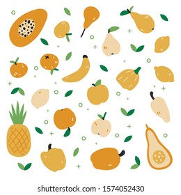 Big set with hand drawn colorful doodle fruit and vegetables. Cute style vector collection: orange, pear, apple, pepper, lemon, pineapple. Flat icons. Vegetarian healthy food. Vegan, farm, organic