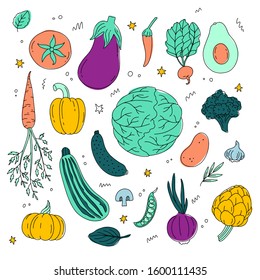 Big set of hand drawn colorful vegetables. Cute veggie doodles in vector on white background. 