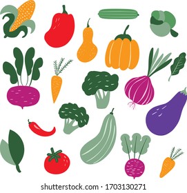 Big set with hand drawn colorful doodle vegetables and greens. Sketch style vector collection. pumpkin, tomato, onion, cucumber. Vegetarian healthy food. Vegan, farm, organic, natural