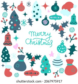 Big set of hand drawn colorful christmas icons. Christmas and New Year greeting card templates. Happy holidays. Christmas card, poster, banner, frame. Doodle vector illustration.