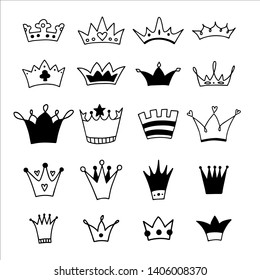 Big set of hand drawn crowns on a white background. Doodle style. Vector illustration. 