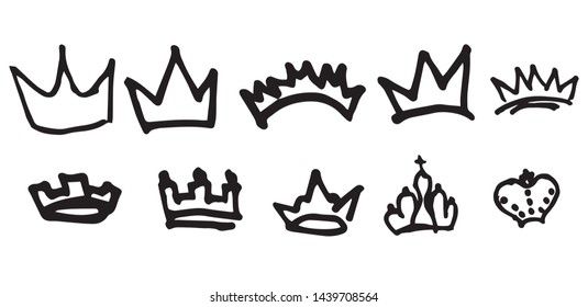 Big set of hand drawn crowns on a white background. For queen icon, princess diadem symbol, doodle illustration, pop art element.