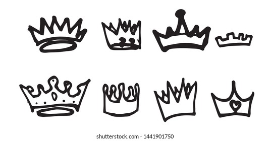 Big set of hand drawn crowns on a white background. Line art. for queen icon, princess diadem symbol, doodle illustration, pop art element.