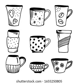 Big set of hand drawn cups of different designs isolated on a white background. Doodle, simple outline illustration.