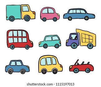 Big set of hand drawn cute cartoon cars for kids design. Vector illustration for wrapping, package, poster, web design, kids fabric, textile, nursery wallpaper. Set of cartoon cars, truck, bus.