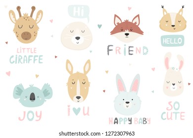 Big set of hand drawn cute animals ant text. Giraffe, seal. fox, squirrel, koala, kangaroo, rabbit, llama