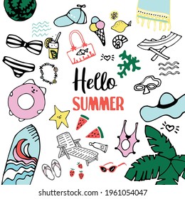 Big set of hand drawn cute cartoon summer symbol and objects for wrapping, package, poster, web design, fabric. illustration isolated over grey background