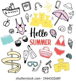 Big set of hand drawn cute cartoon summer symbols and objects for wrapping, package, poster, web design, fabric. illustration isolated over grey background