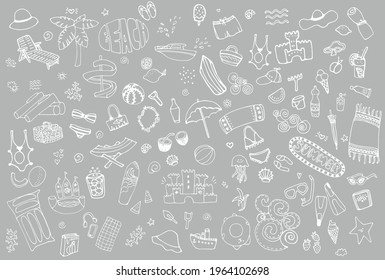Big set of hand drawn cute cartoon summer symbols and objects for wrapping, package, poster, web design, fabric. illustration isolated over grey background