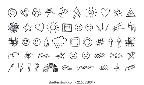 Big set of hand drawn cute doodles for kids. Decorative elements - flowers, stars and weather. Collection of vector illustrations isolated on white background - hearts, smilies, arrows and so on.