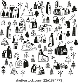 Big set hand drawn cute houses white background  Doodle sketch style town  House buildings and trees  Vector illustration for village  city background 