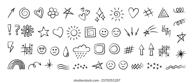 Big set of hand drawn cute doodles for kids. Collection of vector illustrations isolated on white background - hearts, smilies, arrows and so on. Decorative elements - flowers, stars and weather.