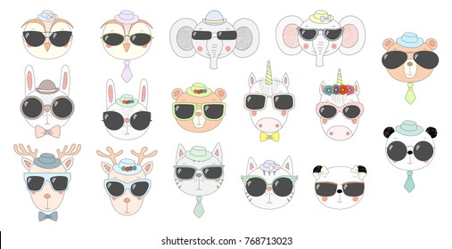 Big set of hand drawn cute funny portraits of cat, bear, panda, bunny, reindeer, unicorn, owl, elephant in sunglasses. Isolated objects on white background. Vector illustration. Design concept kids