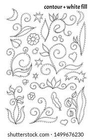 Big set of hand drawn decorative fantasy plants, branches, flowers, hearts, stars, pearls and leaves in doodle style. Black contour with white fill isolated vector textile patch with seam illustration