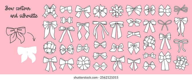 Big set of hand drawn decorative holiday ribbon bow for gift, present, envelope. Simple contour, outline, silhouette bow-ball wrapping for birthday, Christmas, New Year. Isolated Flat Vector EPS10 