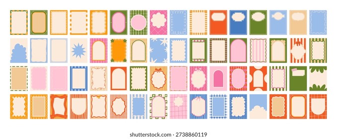 Big set of hand drawn decorative backgrounds with frames and borders in modern retro minimalist style. Flat vector collection for cover, card template, poster, invitation with organic shapes, patterns