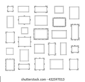 Big set of hand drawn decorative square vintage photo frames. Doodles, sketch for your design. Isolated on white. Vector illustration.
