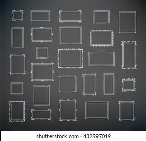 Big set of hand drawn decorative square vintage photo frames. Hand drawn with chalk on the blackboard. Doodles, sketch for your design. Vector illustration.
