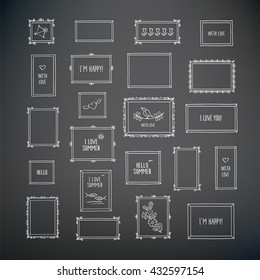 Big set of hand drawn decorative vintage square photo frames with pictures and words. Doodles, sketch for your design. Hand drawn with chalk on the blackboard. Vector illustration. 
