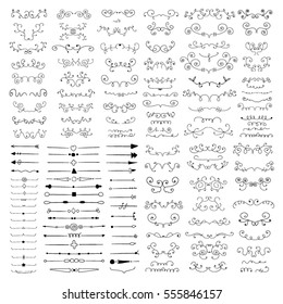 Big set of hand drawn design element. Vintage. Scroll element.