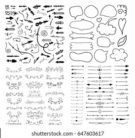 Big set of Hand drawn design elements. Vintage
