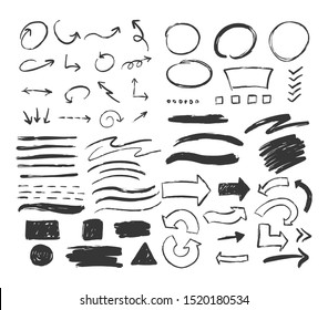 Big set of hand drawn different elements isolated on white background. Circles, arrows, smears, squares. 