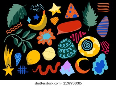 Big set of hand drawn different colorful shapes, doodles and creatures. Various textures. Abstract modern trendy vector illustration. All elements are insulated