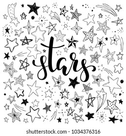 big set of hand drawn doodle stars black and white isolated on background. Hand drawn calligraphy stars lettering