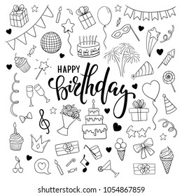 big set of hand drawn doodle cartoon objects and symbols on the birthday party. Hand drawn brush pen lettering Happy birthday. design for holiday greeting card and invitation of baby shower, birthday,