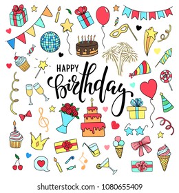 big set of hand drawn doodle cartoon objects and symbols on the birthday party. Hand drawn brush pen lettering Happy birthday. design for holiday greeting card and invitation of baby shower, birthday,