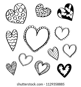 Big Set of hand drawn doodle rough marker hearts isolated on white background. Vector Illustration.