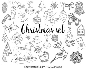 Big set of hand drawn doodle style Christmas related objects isolated on white background. Vector illustration.