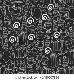 big set of hand drawn doodle cartoon objects and symbols on the birthday party. design holiday greeting card seamless
