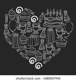big set of hand drawn doodle cartoon objects and symbols on the birthday party. design holiday greeting card and invitation of wedding, Happy mother day, birthday, Valentine day and holidays