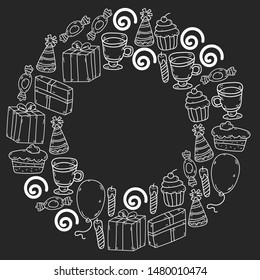 big set of hand drawn doodle cartoon objects and symbols on the birthday party. design holiday greeting card and invitation of wedding, Happy mother day, birthday, Valentine day and holidays