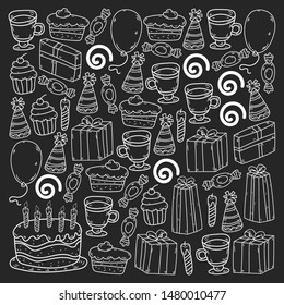 big set of hand drawn doodle cartoon objects and symbols on the birthday party. design holiday greeting card and invitation of wedding, Happy mother day, birthday, Valentine day and holidays