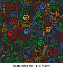 big set of hand drawn doodle cartoon objects and symbols on the birthday party. design holiday greeting card seamless