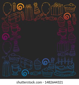 big set of hand drawn doodle cartoon objects and symbols on the birthday party. design holiday greeting card and invitation of wedding, Happy mother day, birthday, Valentine day and holidays